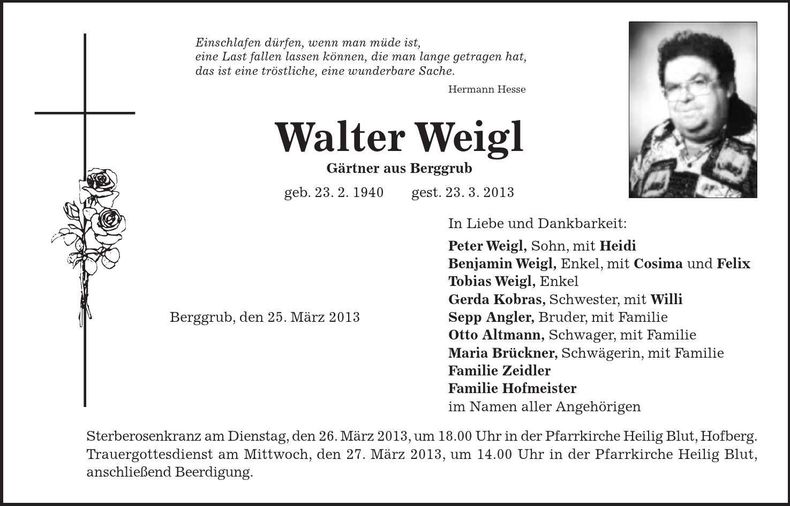 Traueranzeige Walter Weigl