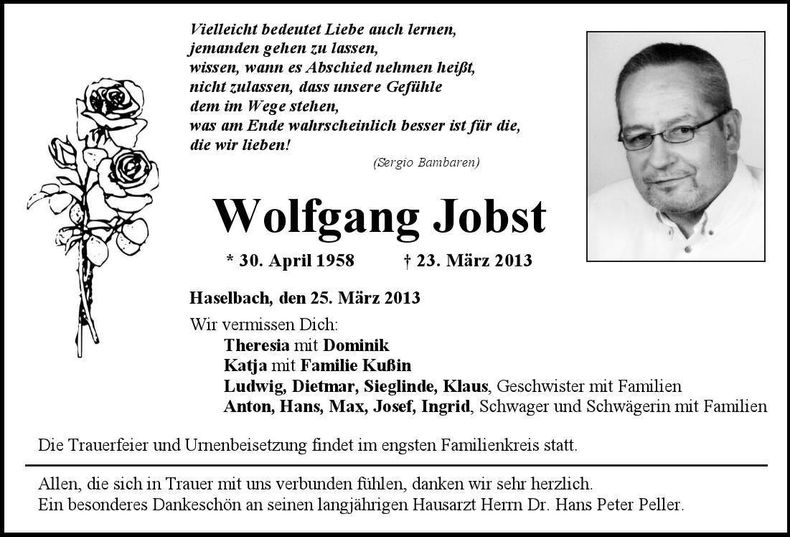 Traueranzeige Wolfgang Jobst