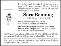 Traueranzeige Sara Benning