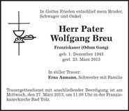 Traueranzeige Wolfgang Breu