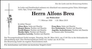 Traueranzeige Alfons Breu