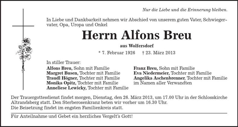 Traueranzeige Alfons Breu