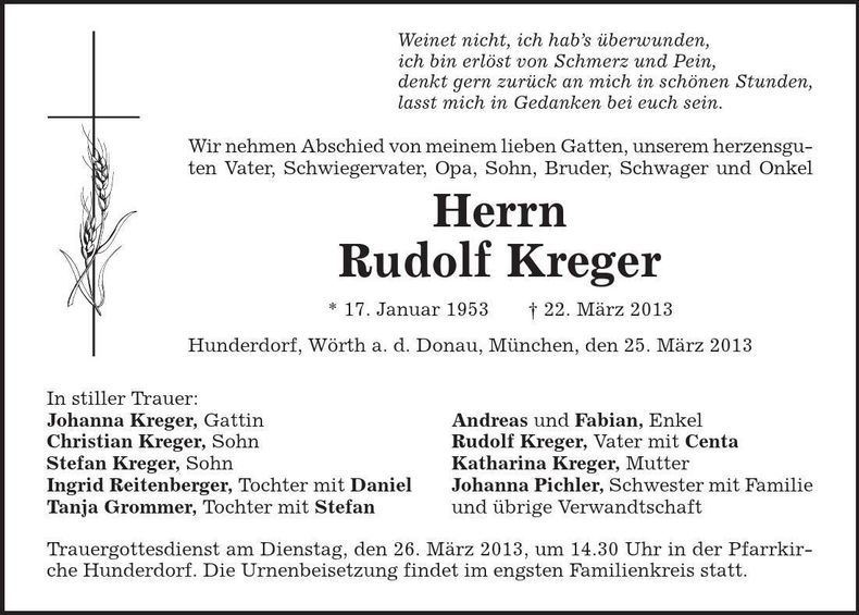 Traueranzeige Rudolf Kreger