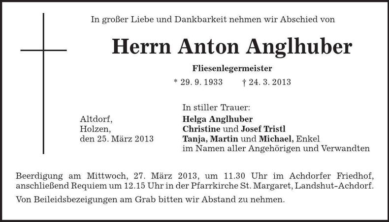 Traueranzeige Anton Anglhuber
