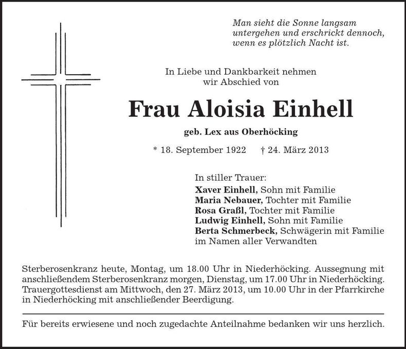 Traueranzeige Aloisia Einhell