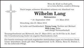 Traueranzeige Wilhelm Lang