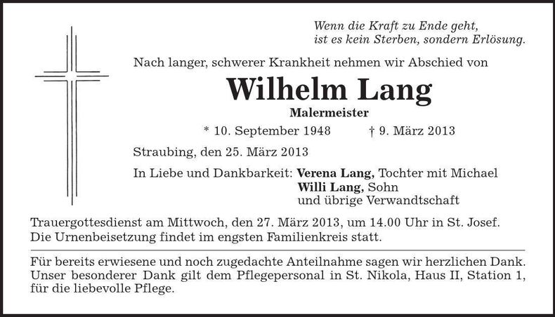 Traueranzeige Wilhelm Lang