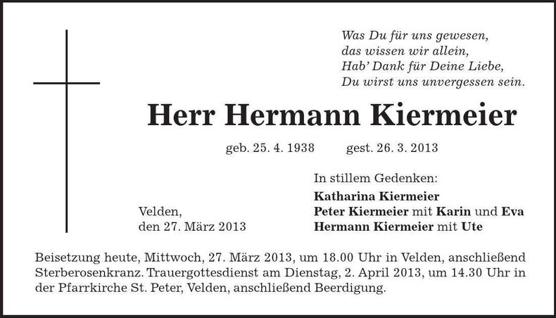 Traueranzeige Hermann Kiermeier
