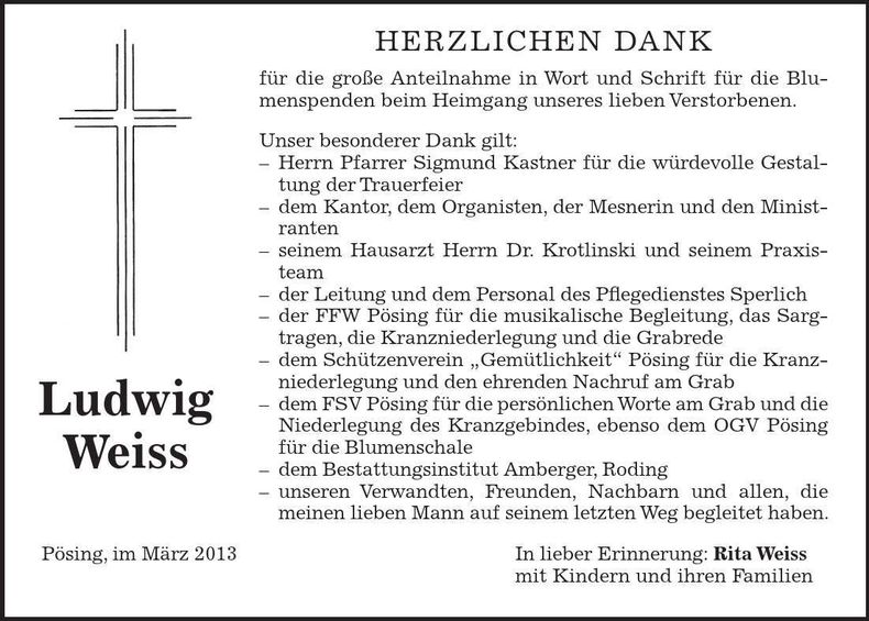 Traueranzeige Ludwig Weiss