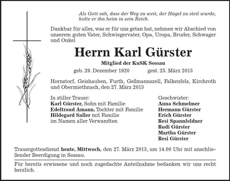Traueranzeige Karl Gürster