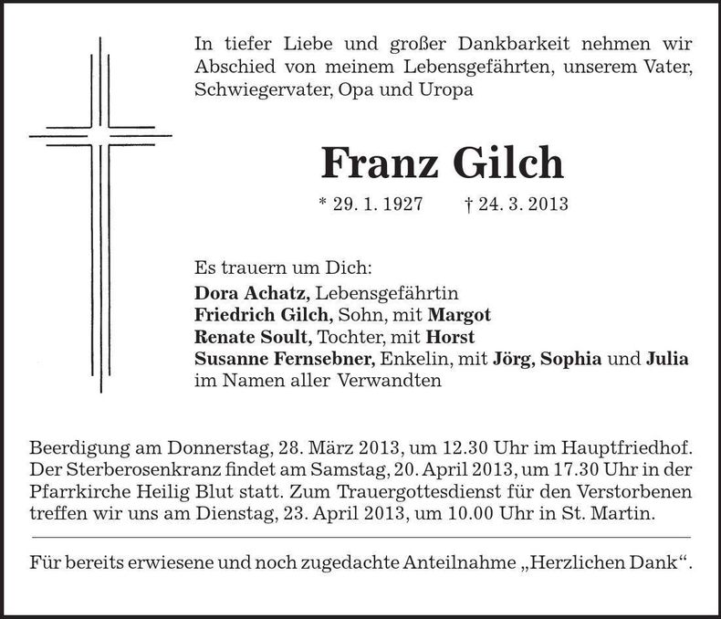 Traueranzeige Franz Gilch
