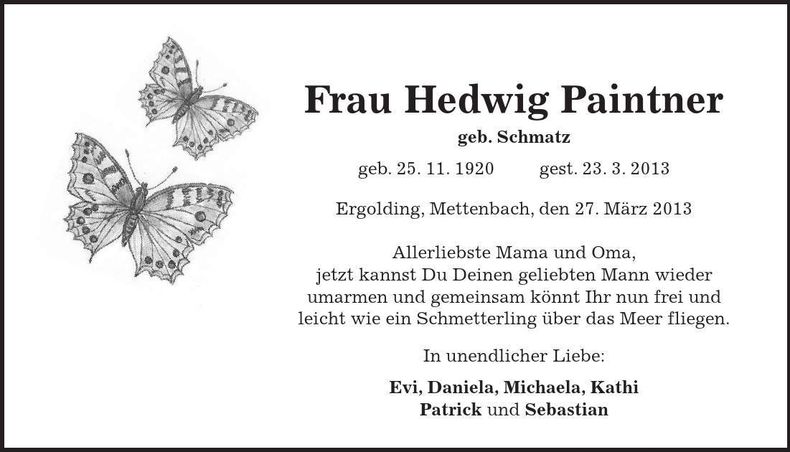 Traueranzeige Hedwig Paintner