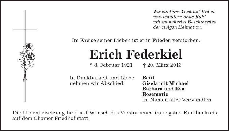 Traueranzeige Erich Federkiel