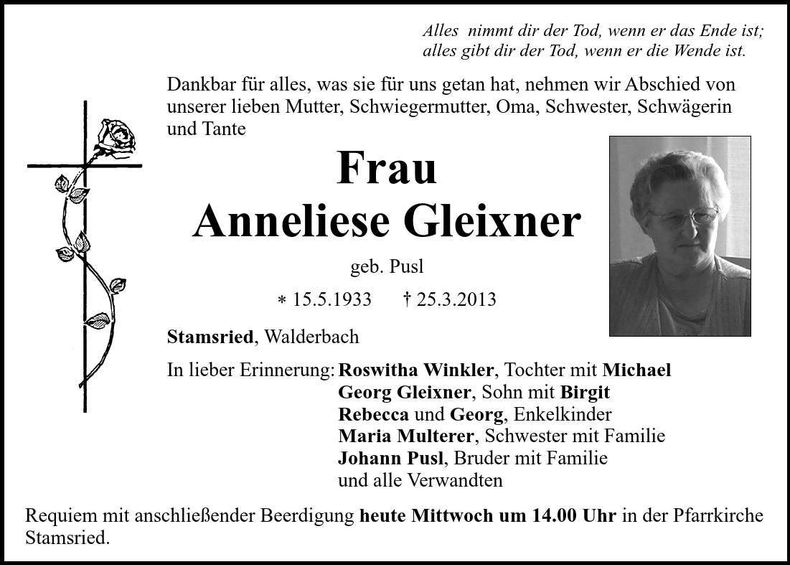 Traueranzeige Anneliese Gleixner
