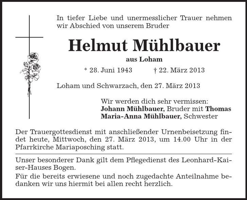 Traueranzeige Helmut Mühlbauer