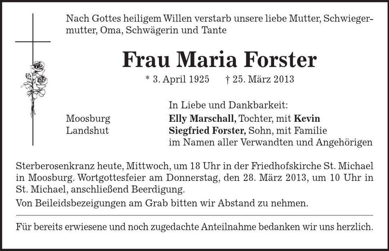 Traueranzeige Maria Forster