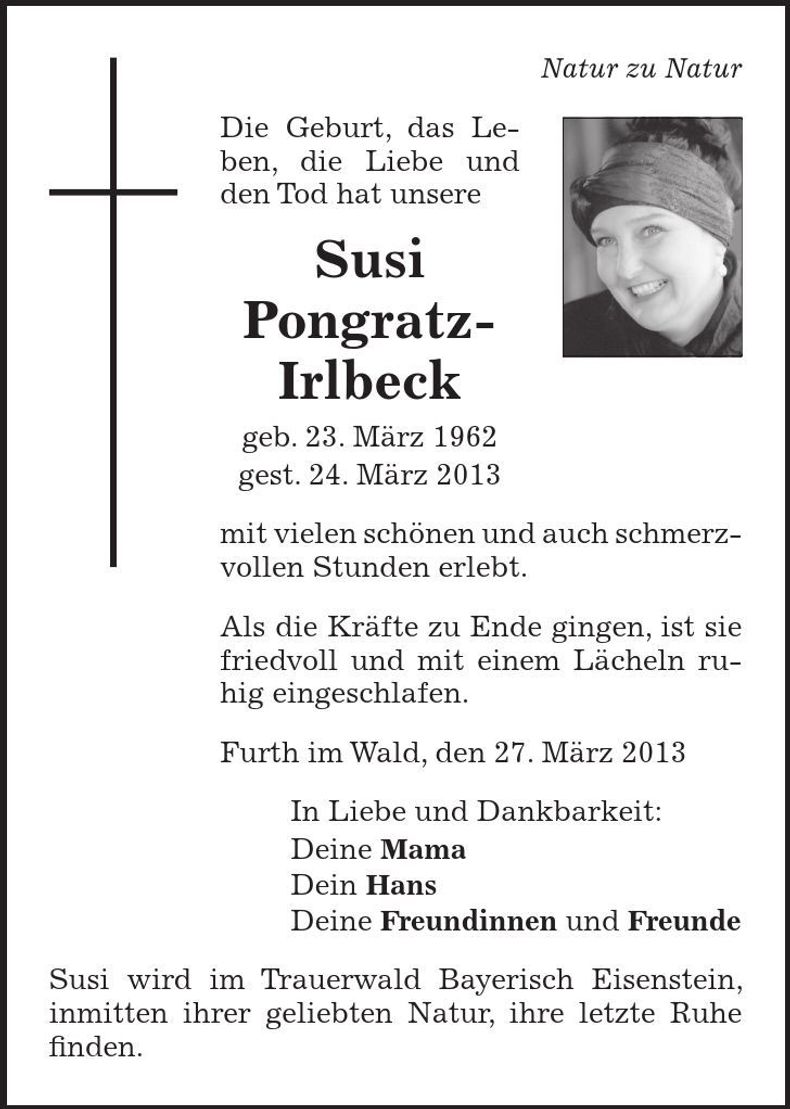 Traueranzeige Susi Pongratz-Irlbeck