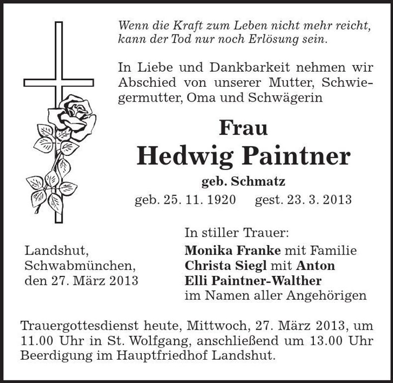Traueranzeige Hedwig Paintner