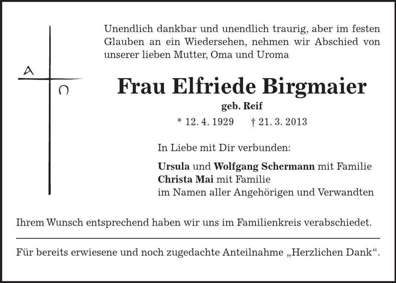 Traueranzeige Elfriede Birgmaier