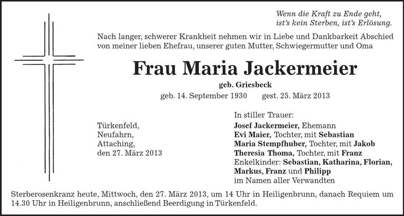 Traueranzeige Maria Jackermeier