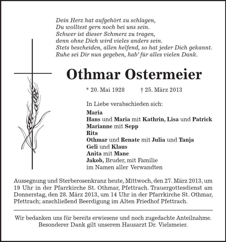 Traueranzeige Ottmar Ostermeier