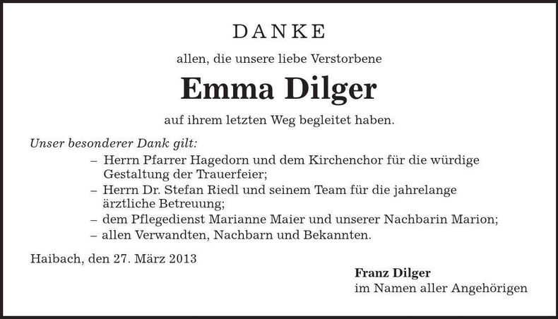 Traueranzeige Emma Dilger