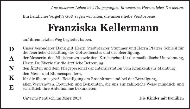 Traueranzeige Franziska Kellermann