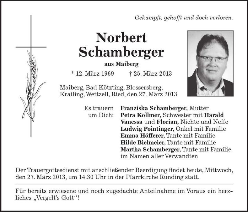 Traueranzeige Norbert Schamberger