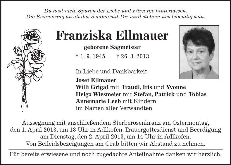 Traueranzeige Franziska Ellmauer