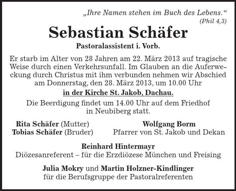 Traueranzeige Sebastian Schäfer