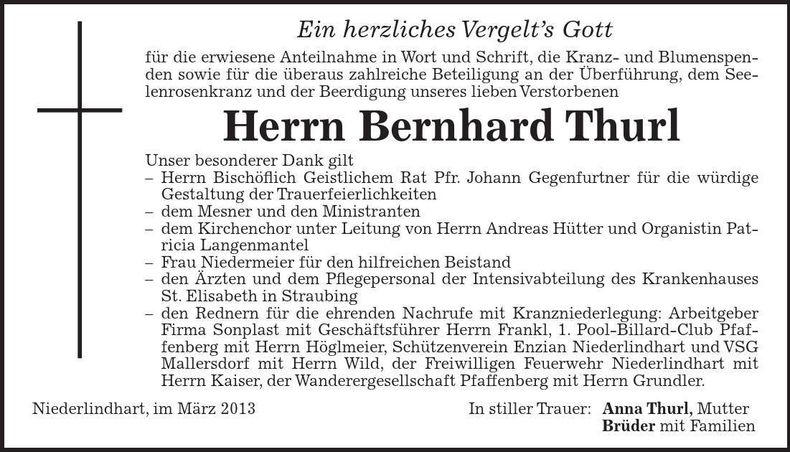 Traueranzeige Bernhard Thurl