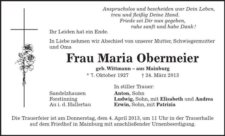 Traueranzeige Maria Obermeier