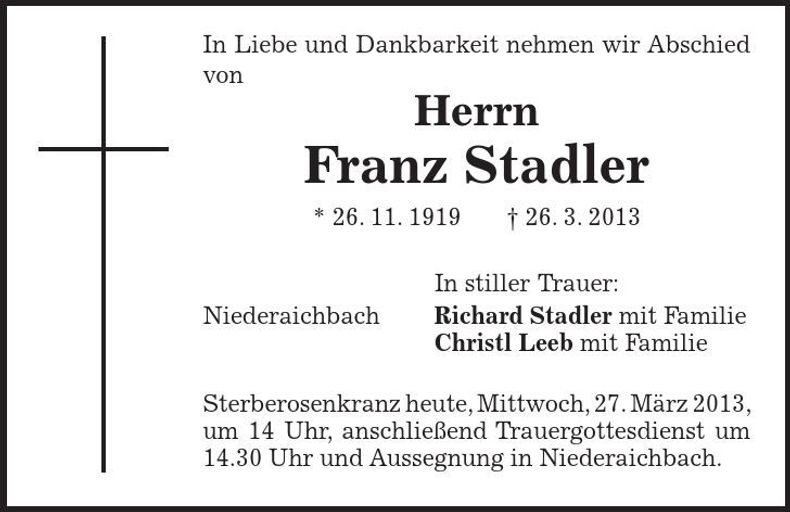 Traueranzeige Franz Stadler