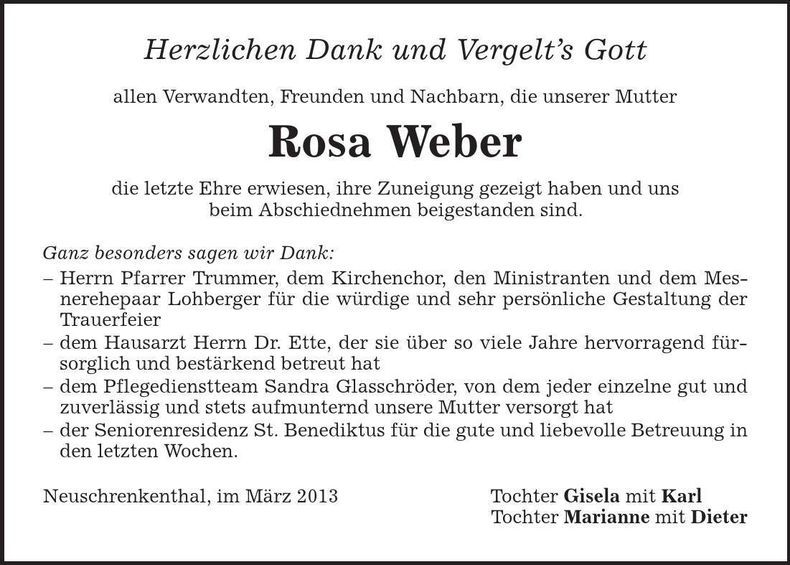 Traueranzeige Rosa Weber