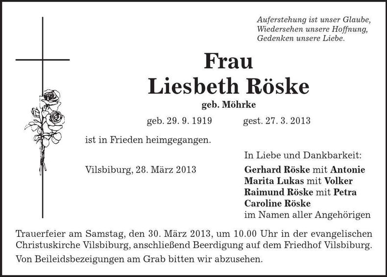 Traueranzeige Liesbeth Röske