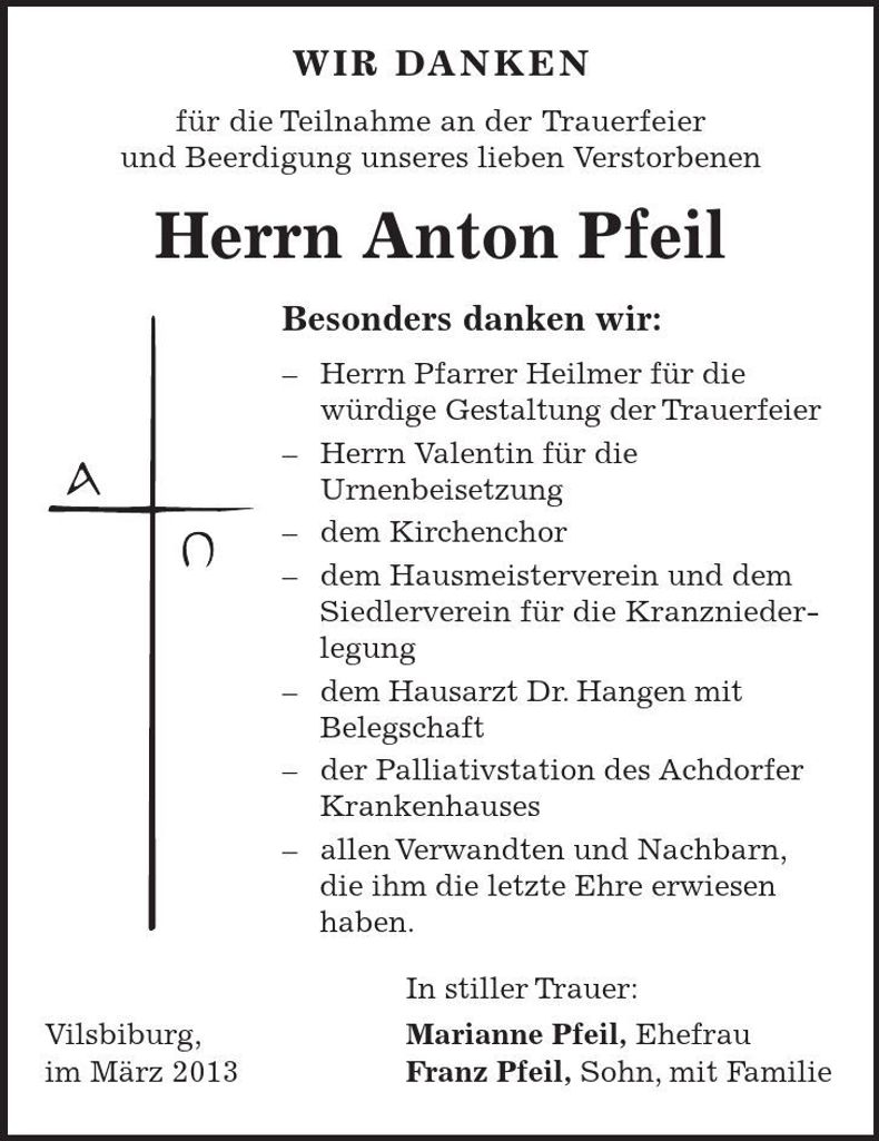 Traueranzeige Anton Pfeil