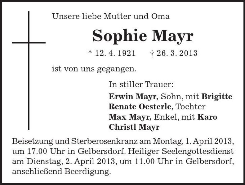 Traueranzeige Sophie Mayr