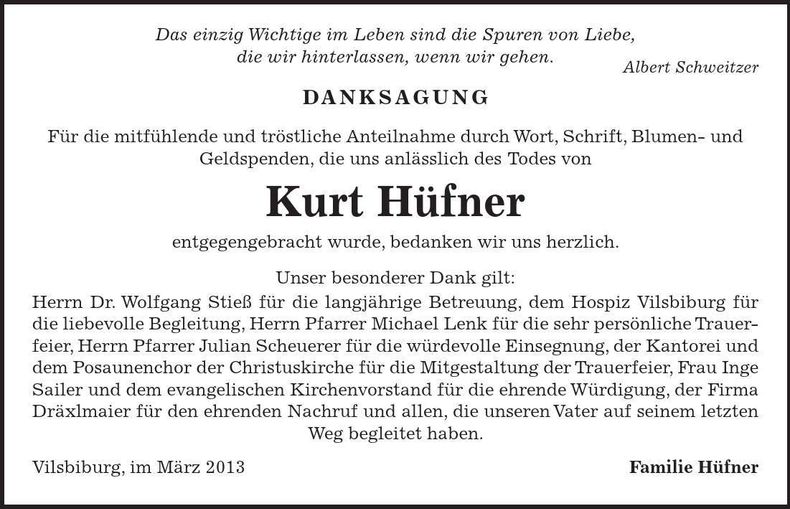 Traueranzeige Kurt Hüfner