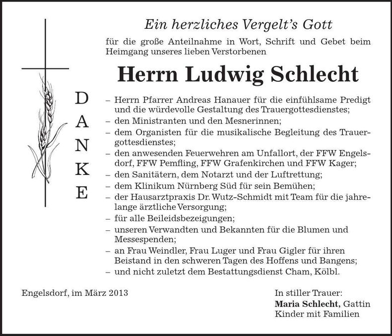 Traueranzeige Ludwig Schlecht