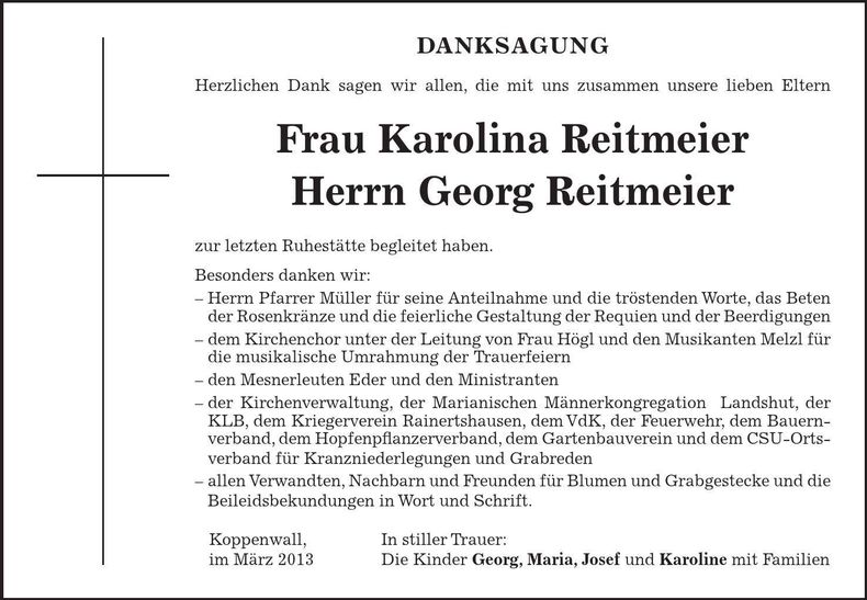 Traueranzeige Karolina und Georg Reitmeier