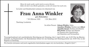 Traueranzeige Anna Winkler