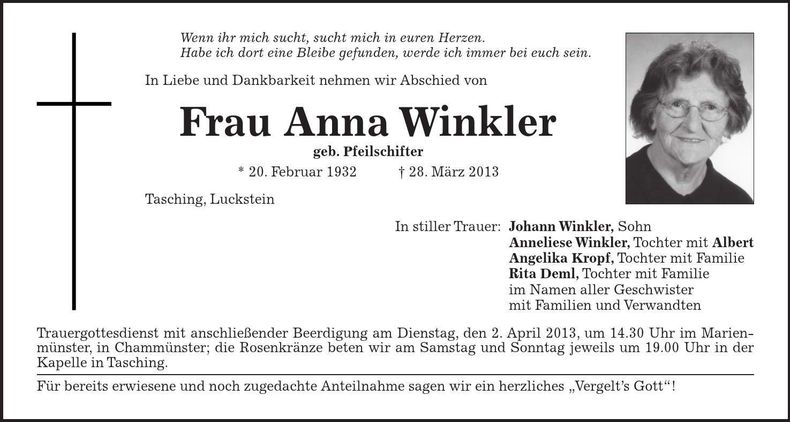 Traueranzeige Anna Winkler