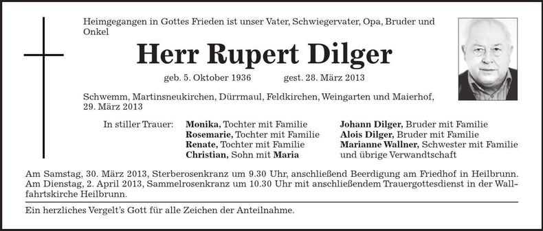 Traueranzeige Rupert Dilger