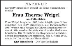 Traueranzeige Therese Weigel