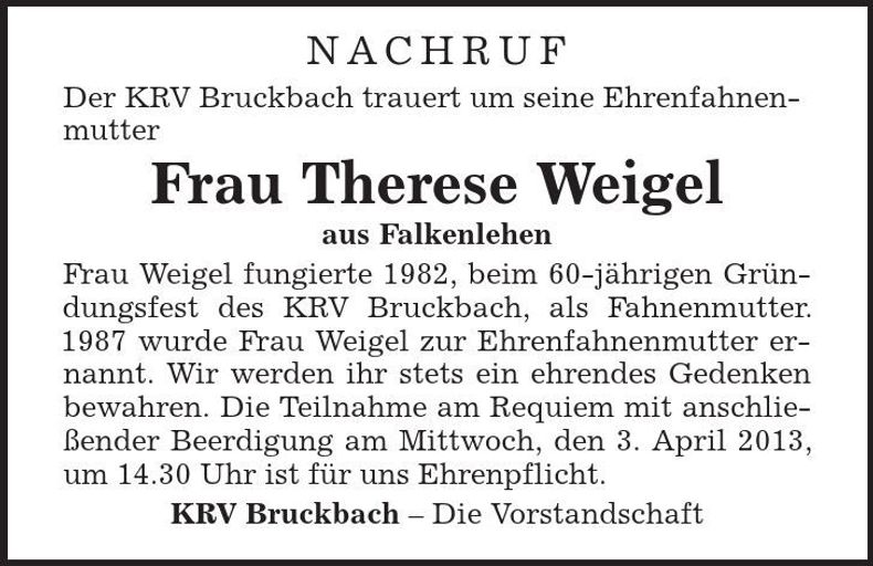 Traueranzeige Therese Weigel