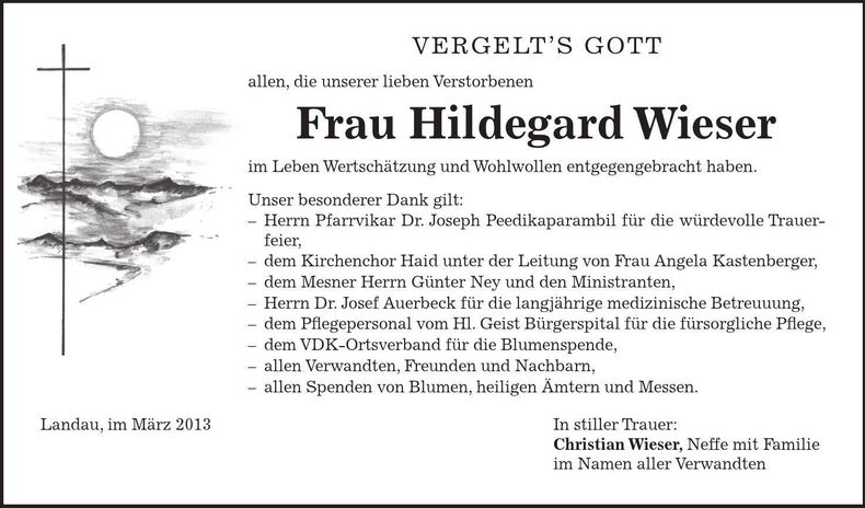 Traueranzeige Hildegard Wieser