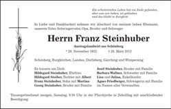 Traueranzeige Franz Steinhuber