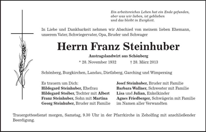 Traueranzeige Franz Steinhuber