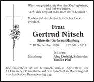 Traueranzeige Gertrud Nitsch