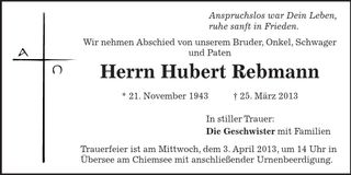 Traueranzeige Hubert Rebmann